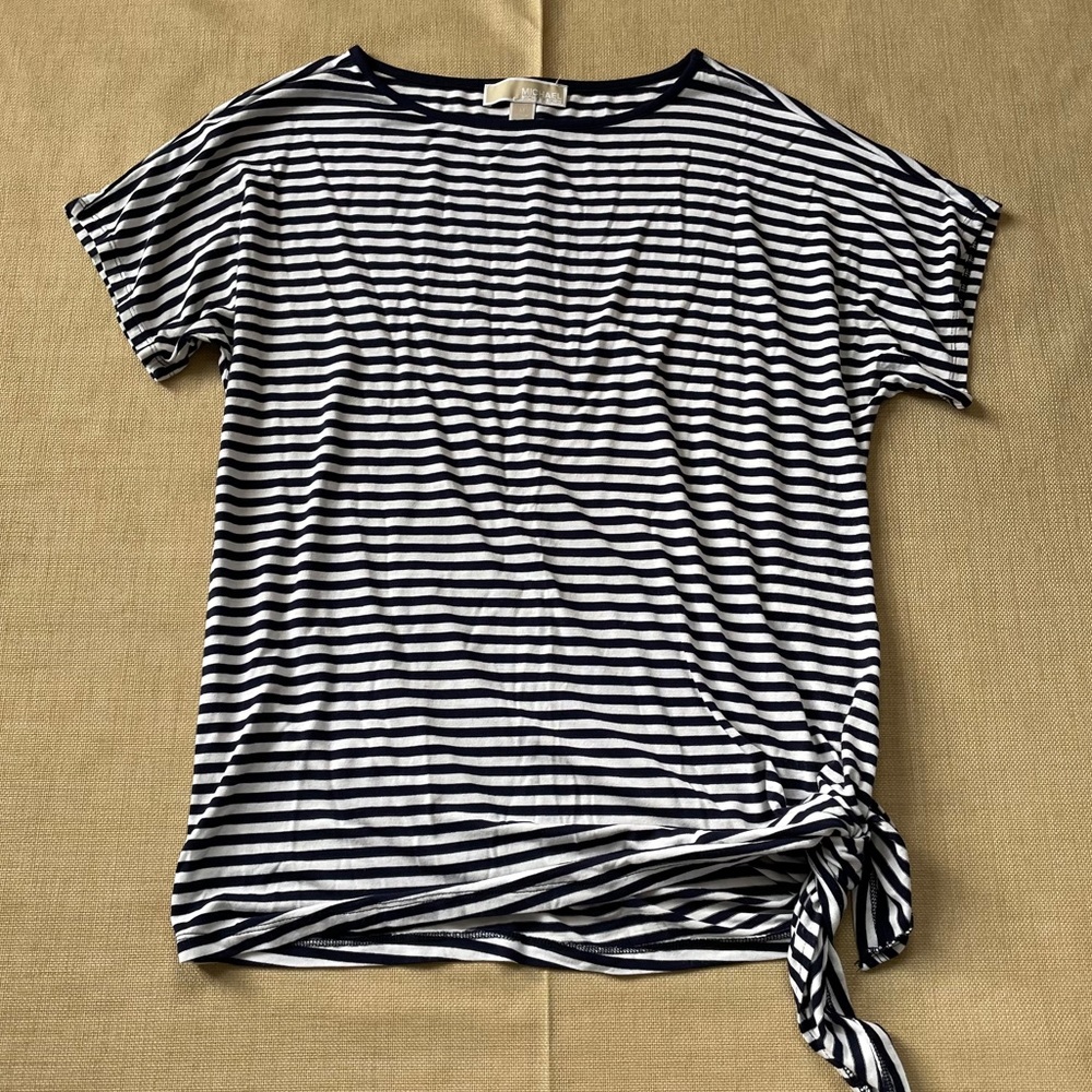 MK Michael Kors Navy & White Striped Side Knot Tee Top Blouse
